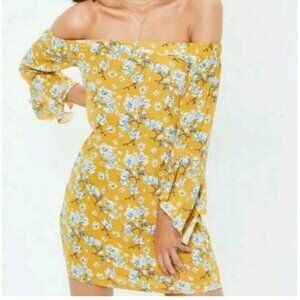 Missguided Mustard Yellow Floral Bardot Flared Sleeve Shift Dress Women's Sz XS